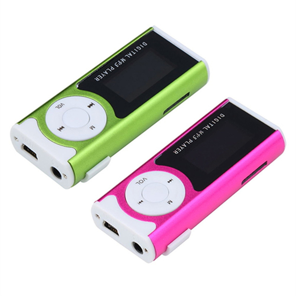 Zwei farbenfrohe digitale MP3-Player. Grün und Pink mit schwarzen Bildschirmen und weißen Akzenten.