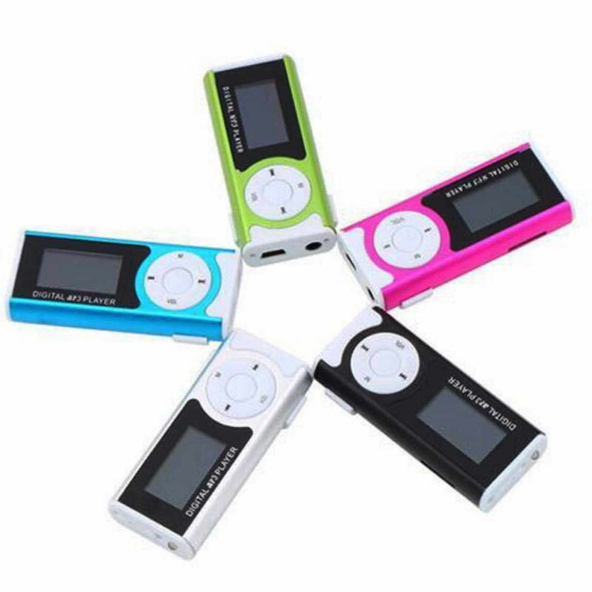 Fünf farbige MP3-Player. Die Player sind in verschiedenen Farben gehalten, die Bildschirme sind dunkel.