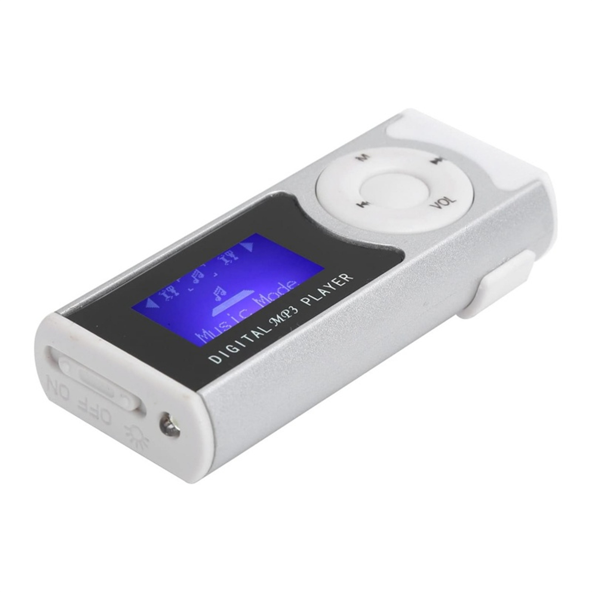 Silberner und weißer digitaler MP3-Player. Zeigt einen Bildschirm mit Musikmodus und Navigationstasten.