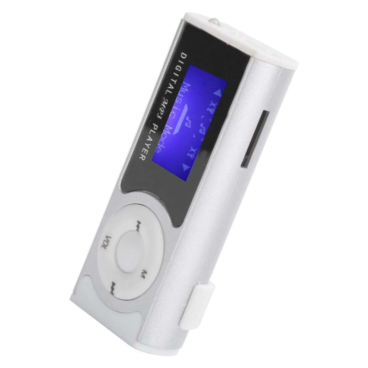 Silberner MP3-Player mit schwarzem Bildschirm, der Musik anzeigt. Weiße Tasten und Clip.