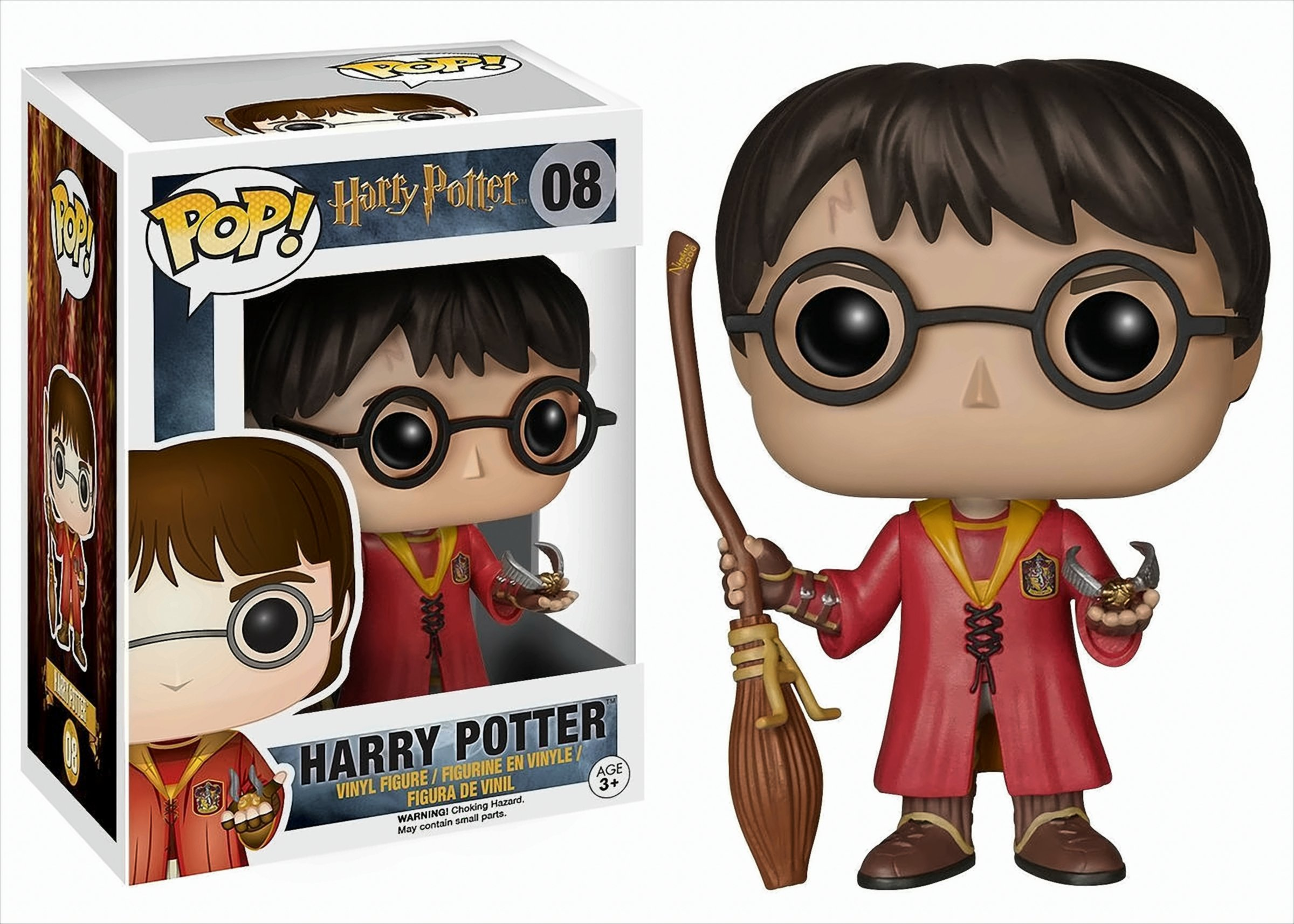 Eine Harry Potter Funko Pop Figur mit Box, die einen Besen hält und einen Gryffindor-Umhang trägt.