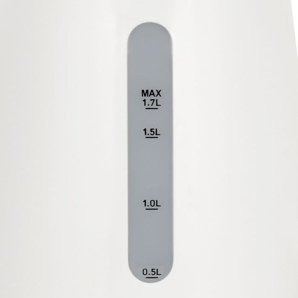 Eine weiße Wasserstandsanzeige auf weißem Hintergrund, mit Messungen in Litern.
