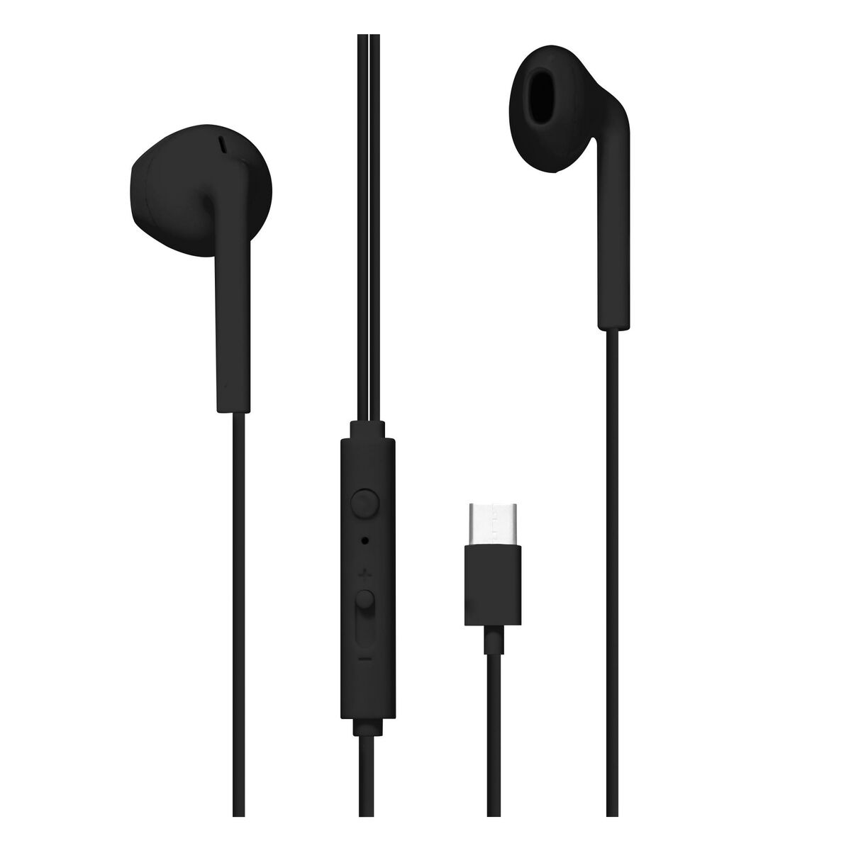 Auricolari neri con un cavo nero. Il cavo ha un controllo e un connettore USB-C. Lo sfondo è bianco.