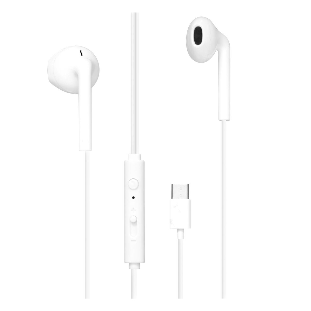 Auricolari bianchi con microfono e connettore USB-C, collegati a un filo.