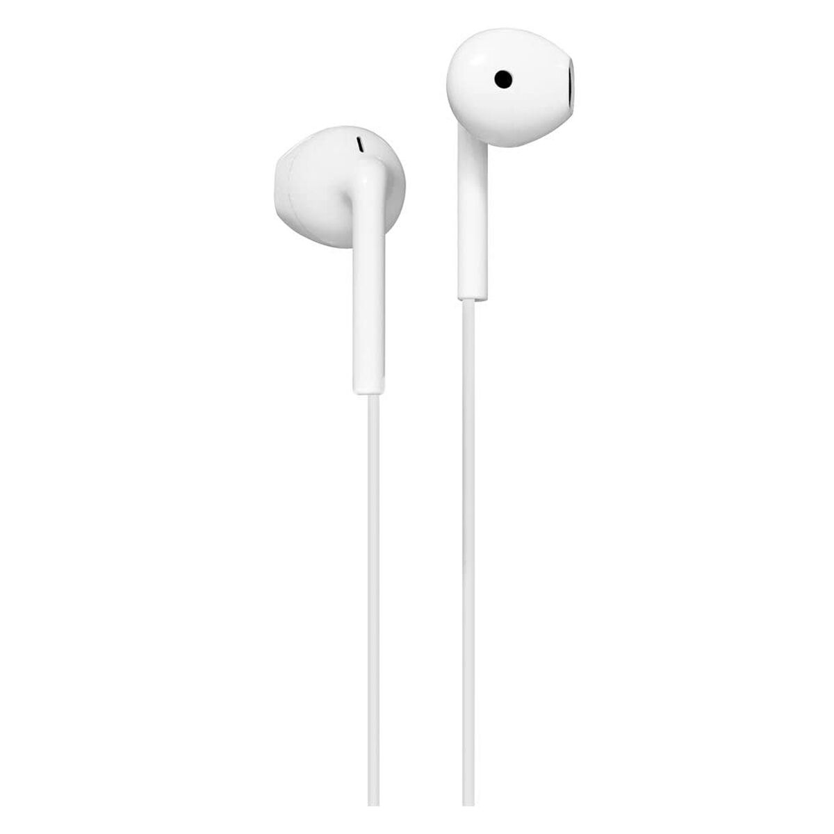 Auricolari bianchi con fili bianchi su sfondo bianco.