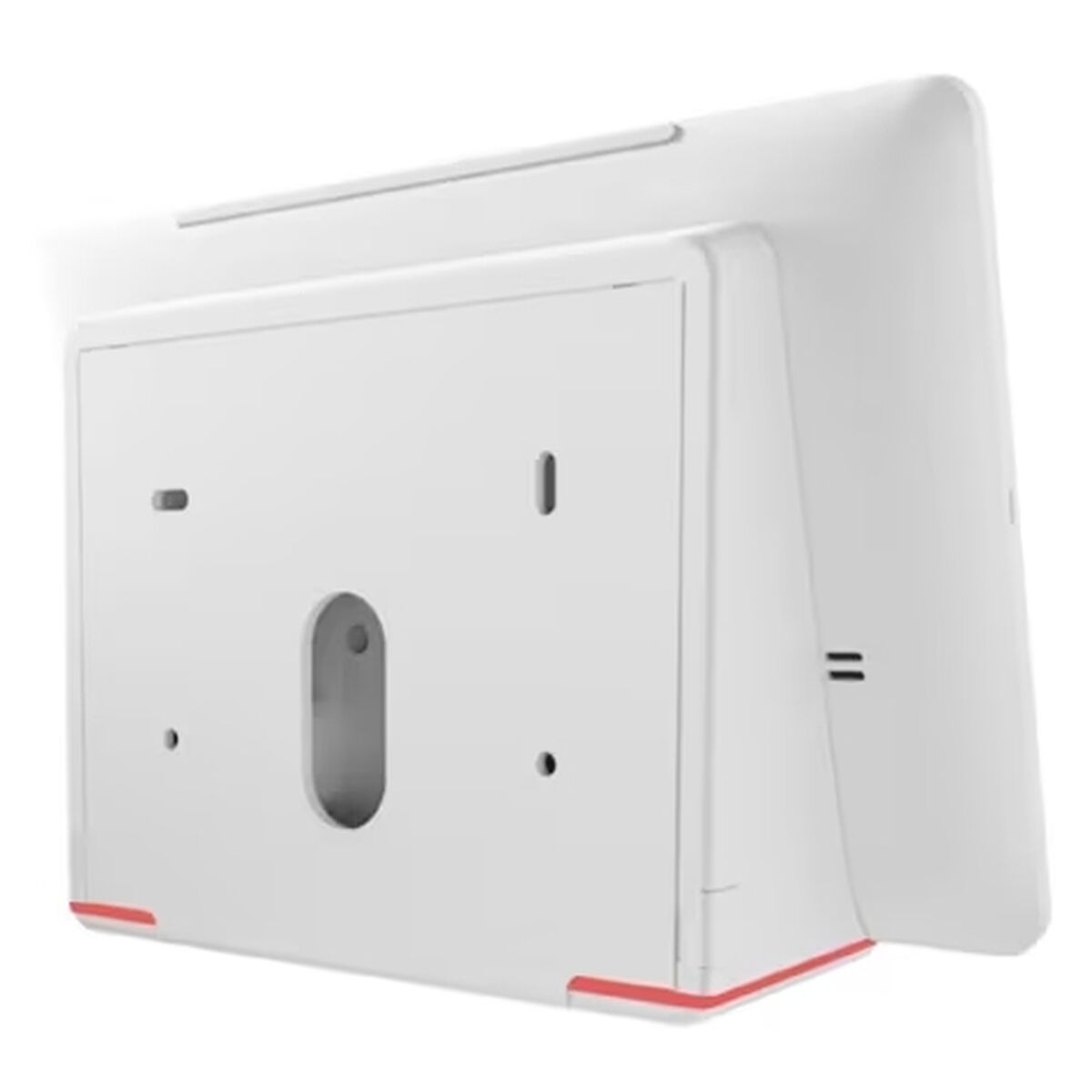 Weißes Tablet auf einem Ständer, mit roten Akzenten und sichtbarer Rückseite.