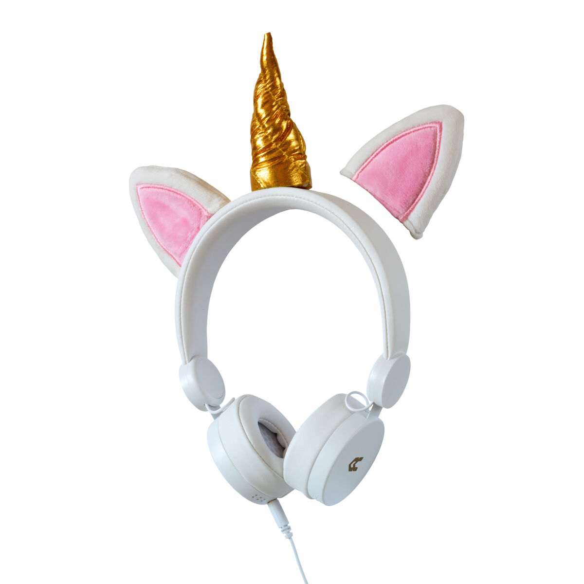 Cuffie bianche con corno e orecchie da unicorno. Dettagli rosa. Sfondo bianco.