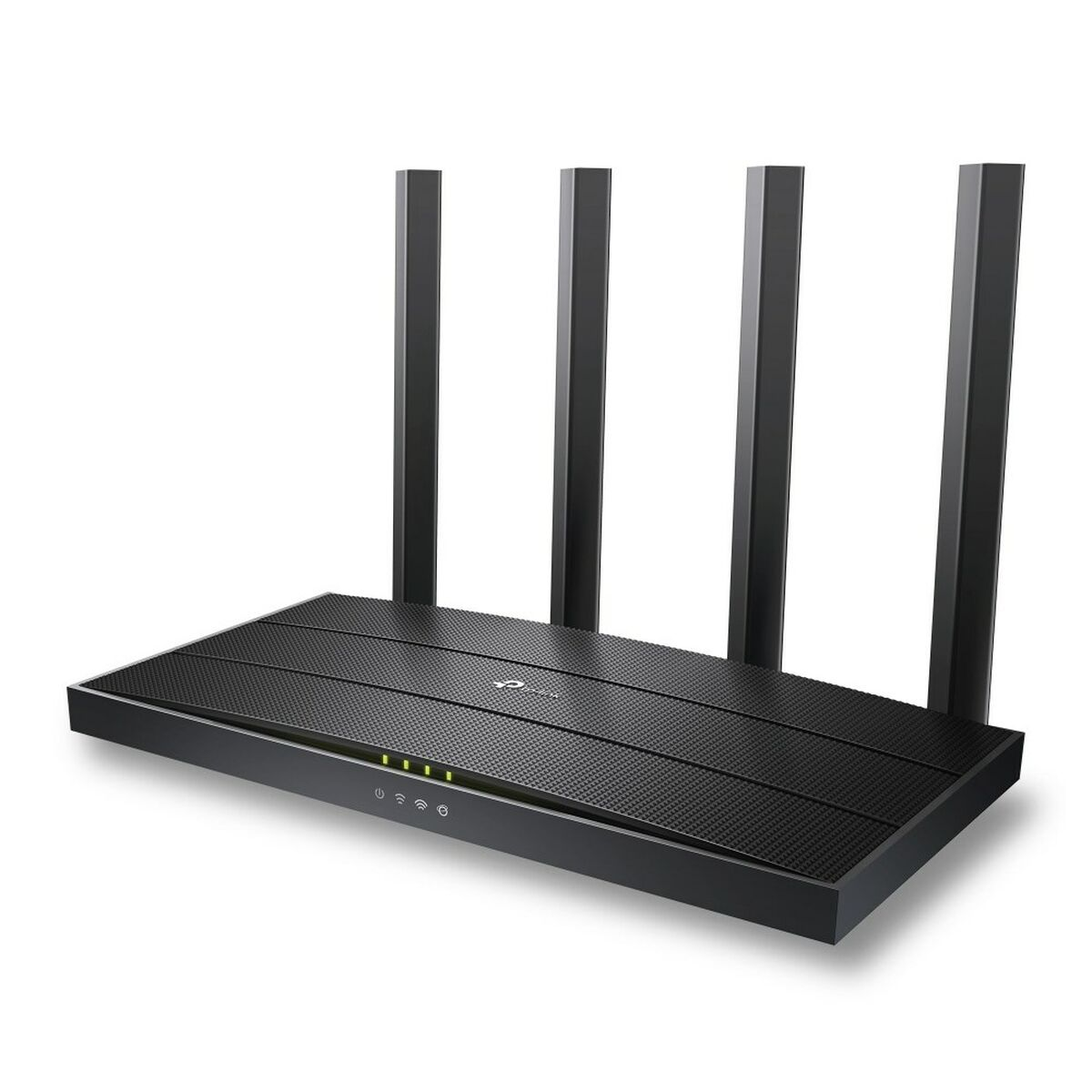 Schwarzer Router mit vier Antennen. Weißer Hintergrund.
