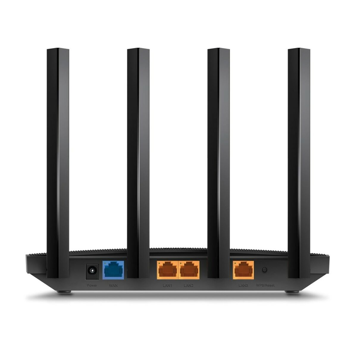 Schwarzer Router mit vier Antennen. Er hat Anschlüsse für Strom, WAN, LAN und WPS/Reset.