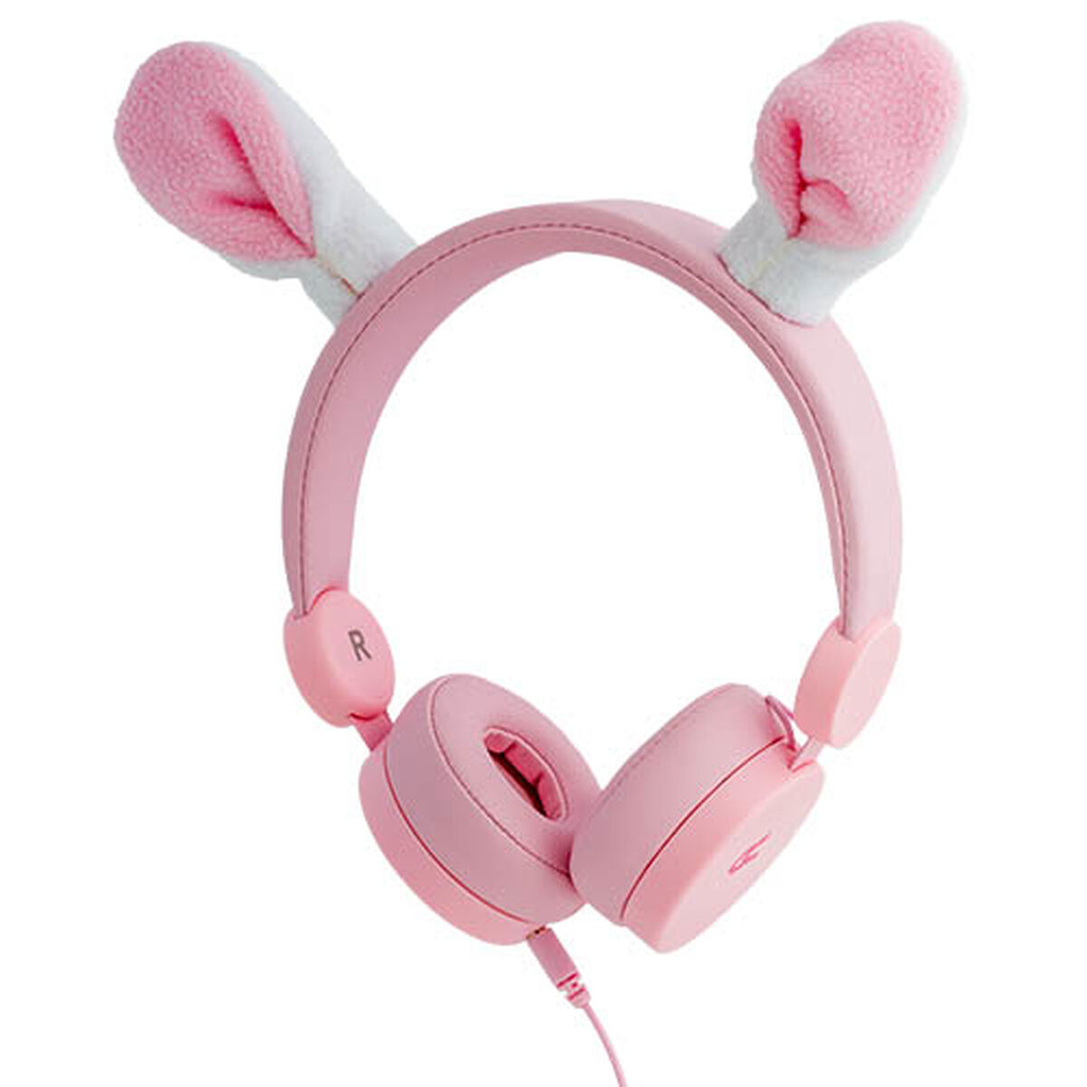 Cuffie rosa con orecchie da coniglio bianche e rosa. Le cuffie hanno padiglioni rosa.