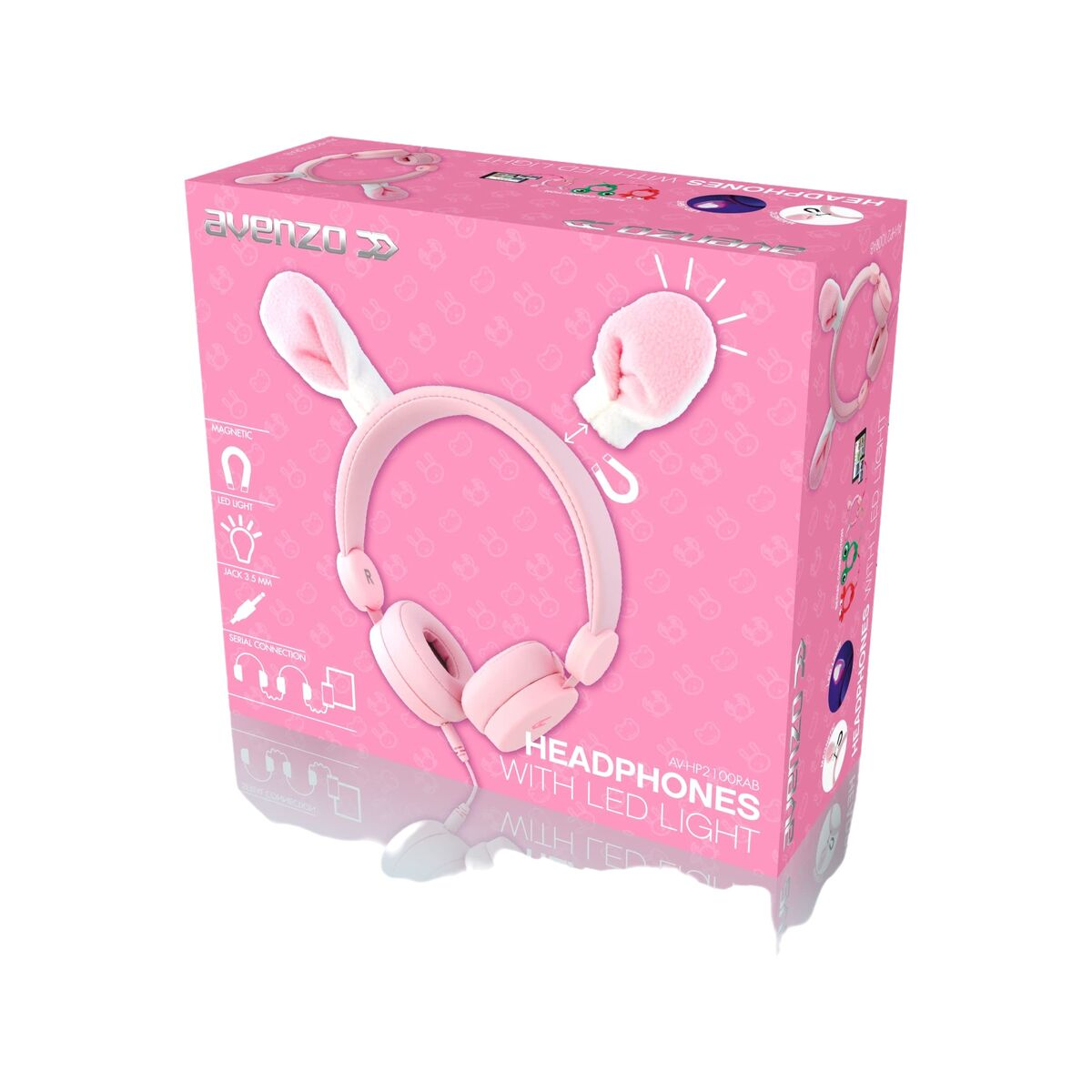 Cuffie rosa con orecchie da coniglio su scatola rosa con 'Cuffie con luce LED'.