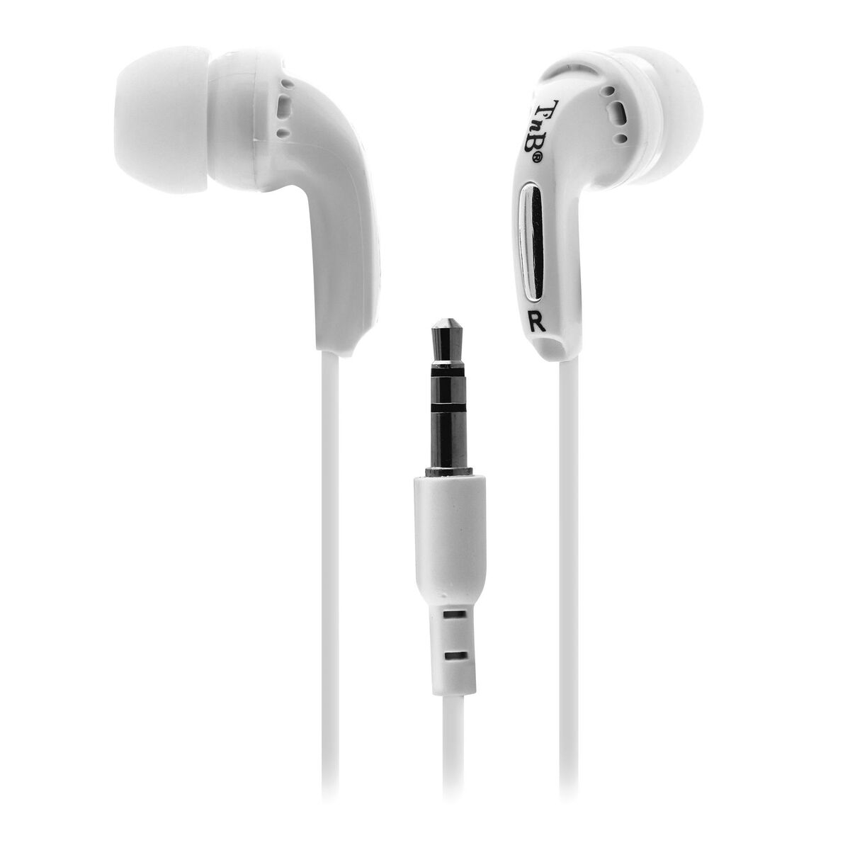 Auricolari bianchi con jack da 3,5 mm. Il filo collega gli auricolari.