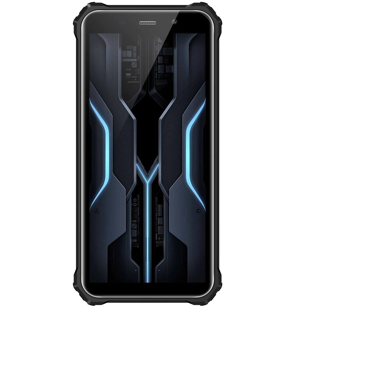 Czarny smartfon z niebieskim wzorem na ekranie. Czarna ramka. Czarne tło.