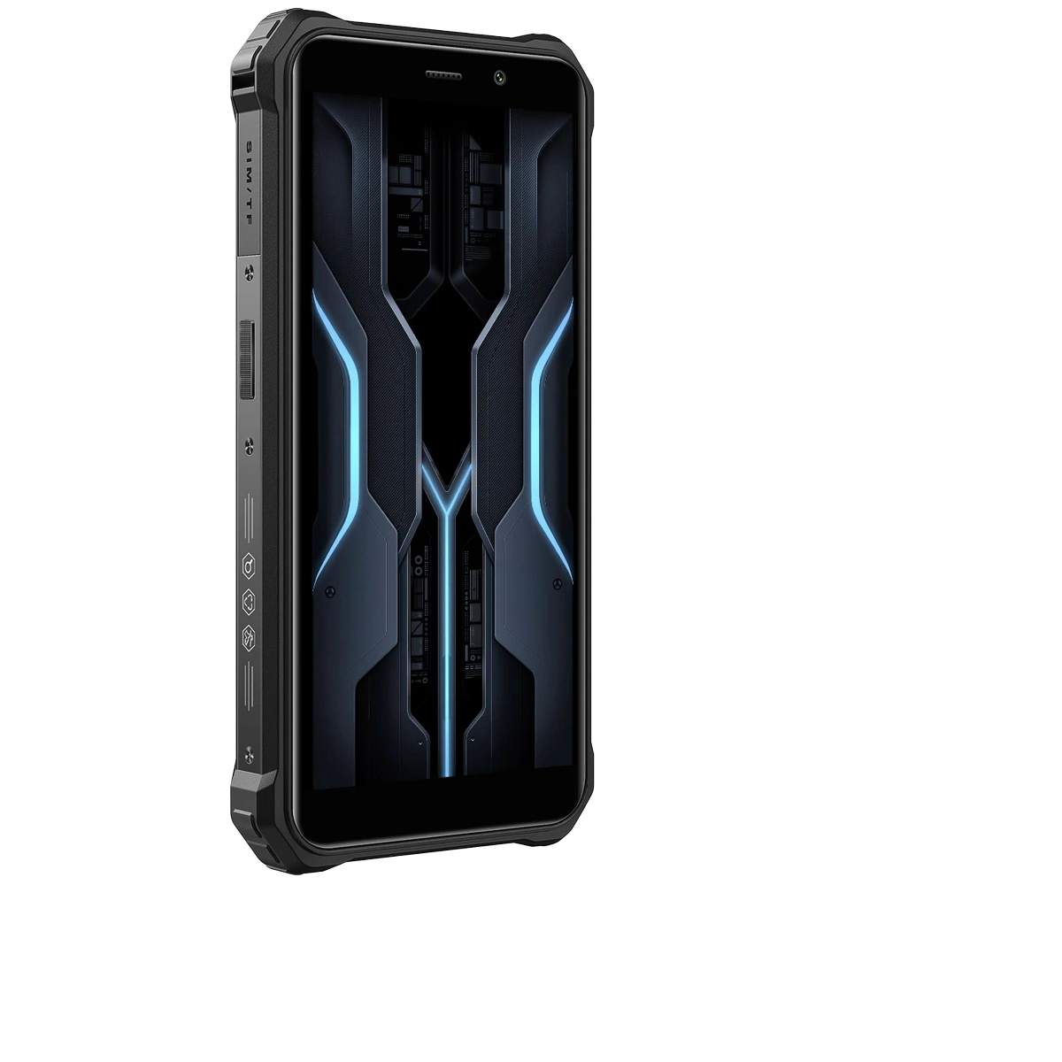 Czarny wytrzymały smartfon z ekranem wyświetlającym futurystyczny design. Widziany z boku.