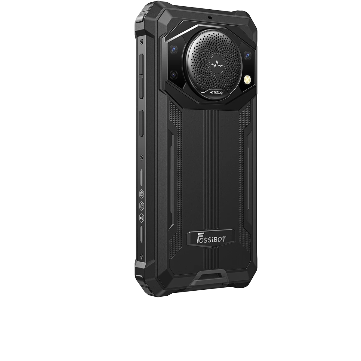 Czarny, wytrzymały telefon z aparatem i głośnikiem na czarnym tle.