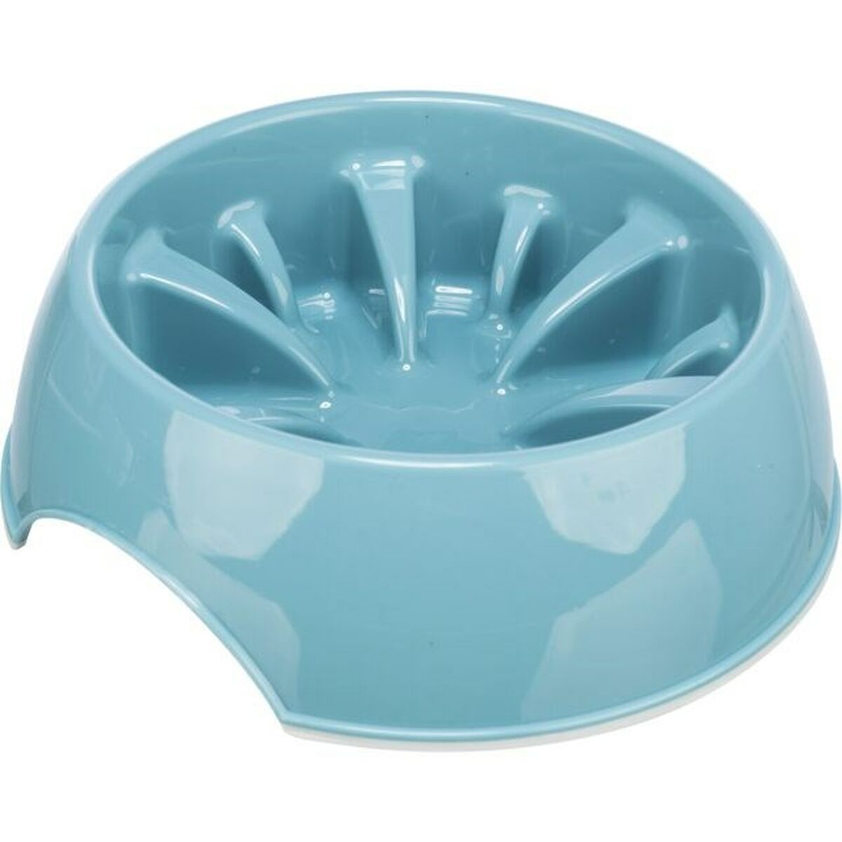 Un comedero lento para perros azul claro. El cuenco tiene un diseño único con crestas para ralentizar la comida.