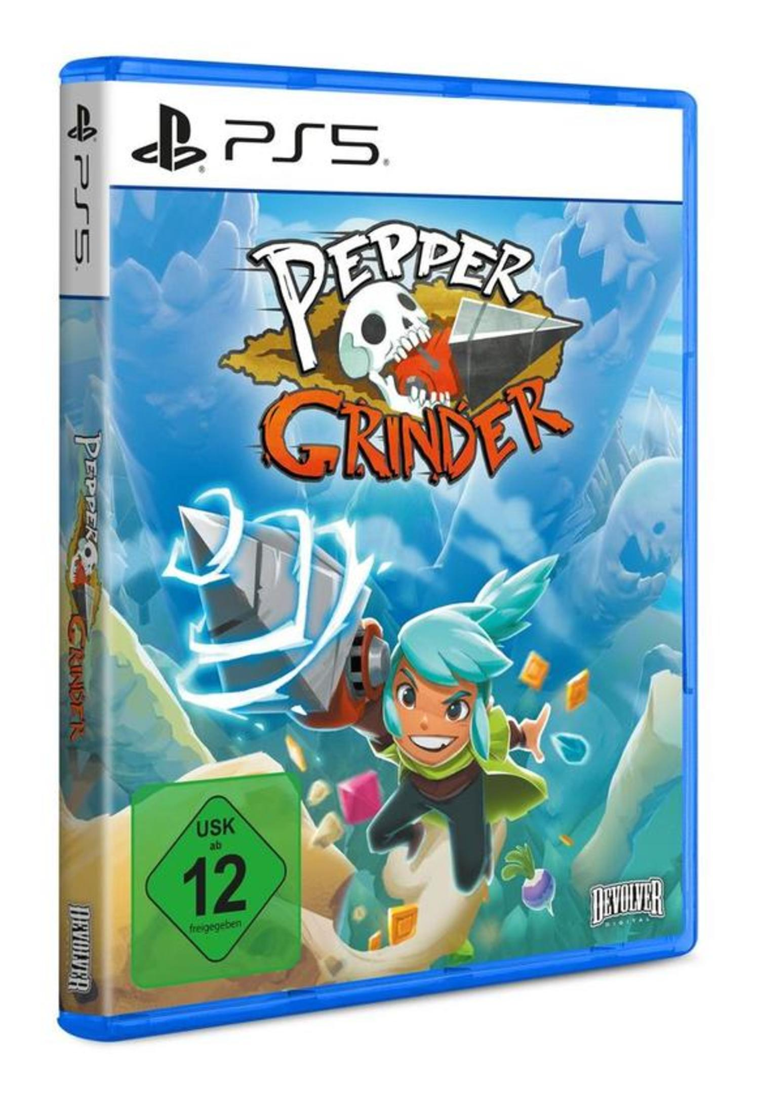 PS5-Spielbox: 'Pepper Grinder', ein blaues Cover mit einem Charakter, der sich durcharbeitet.