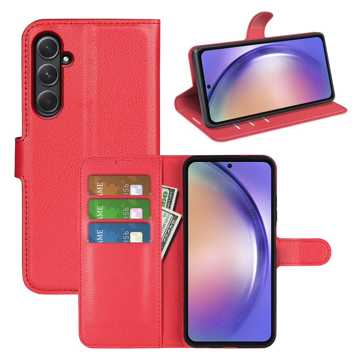 Een rode leren telefoonhoes, met een telefoon erin en kaarten/geld in de sleuven.