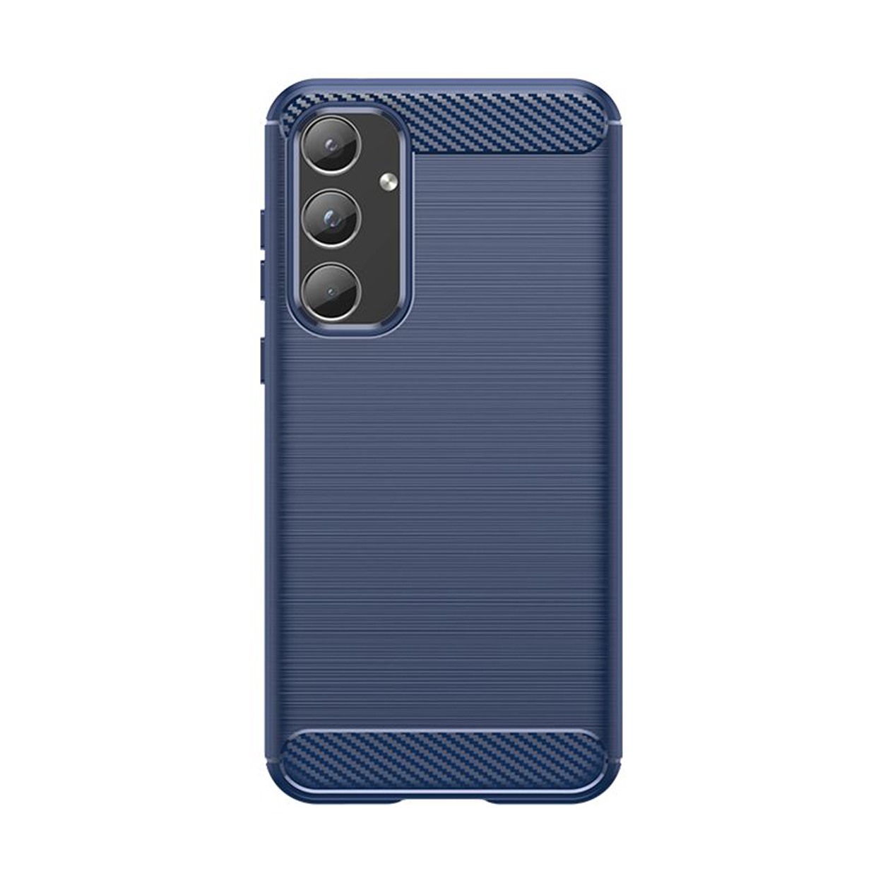 Donkerblauwe telefoonhoes met textuur. Drie cameralenzen zichtbaar.