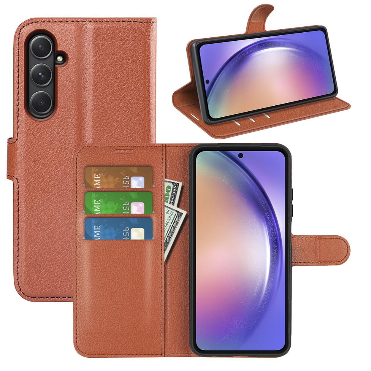 Bruine leren telefoonhoes met kaarten en geld. Telefoon open en dicht weergegeven.