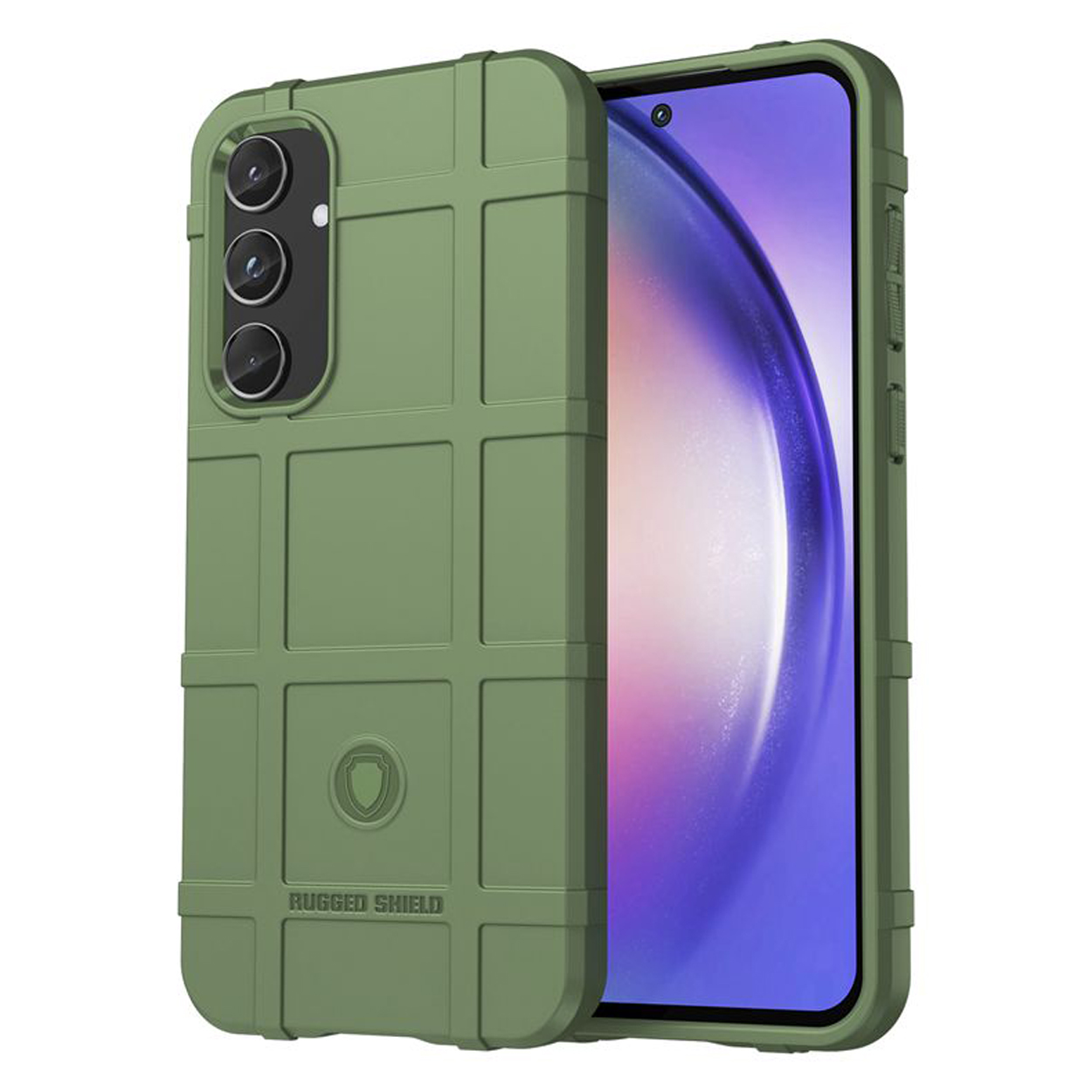 Coque de téléphone vert olive avec un design robuste. Le téléphone est dans la coque.