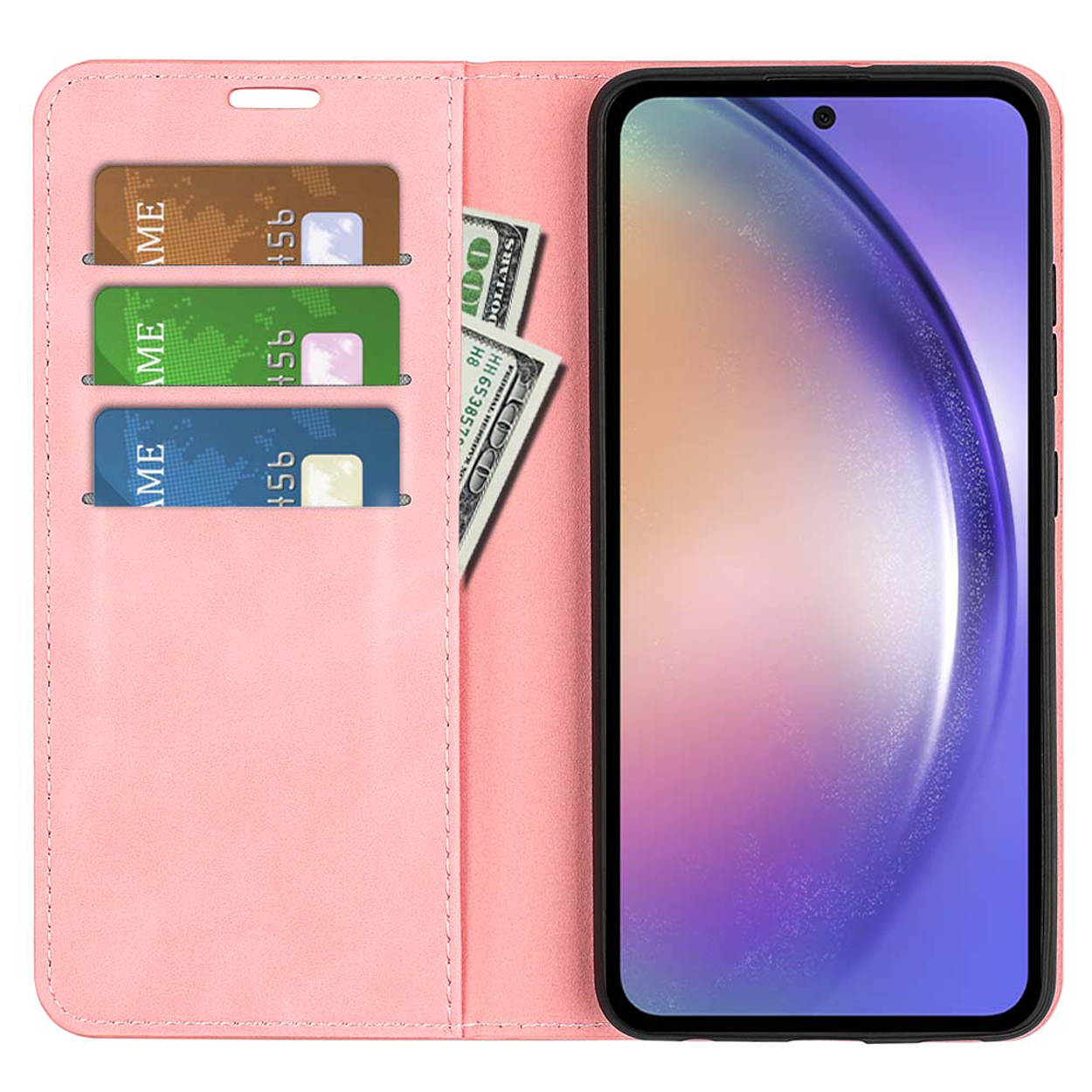 Étui de téléphone en cuir rose, ouvert pour montrer un téléphone, des cartes et de l'argent.