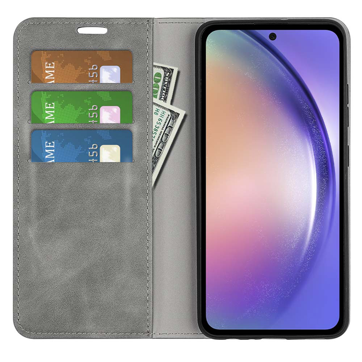 Een grijze telefoonhoes met drie kaartsleuven en contant geld, met een telefoon erin.