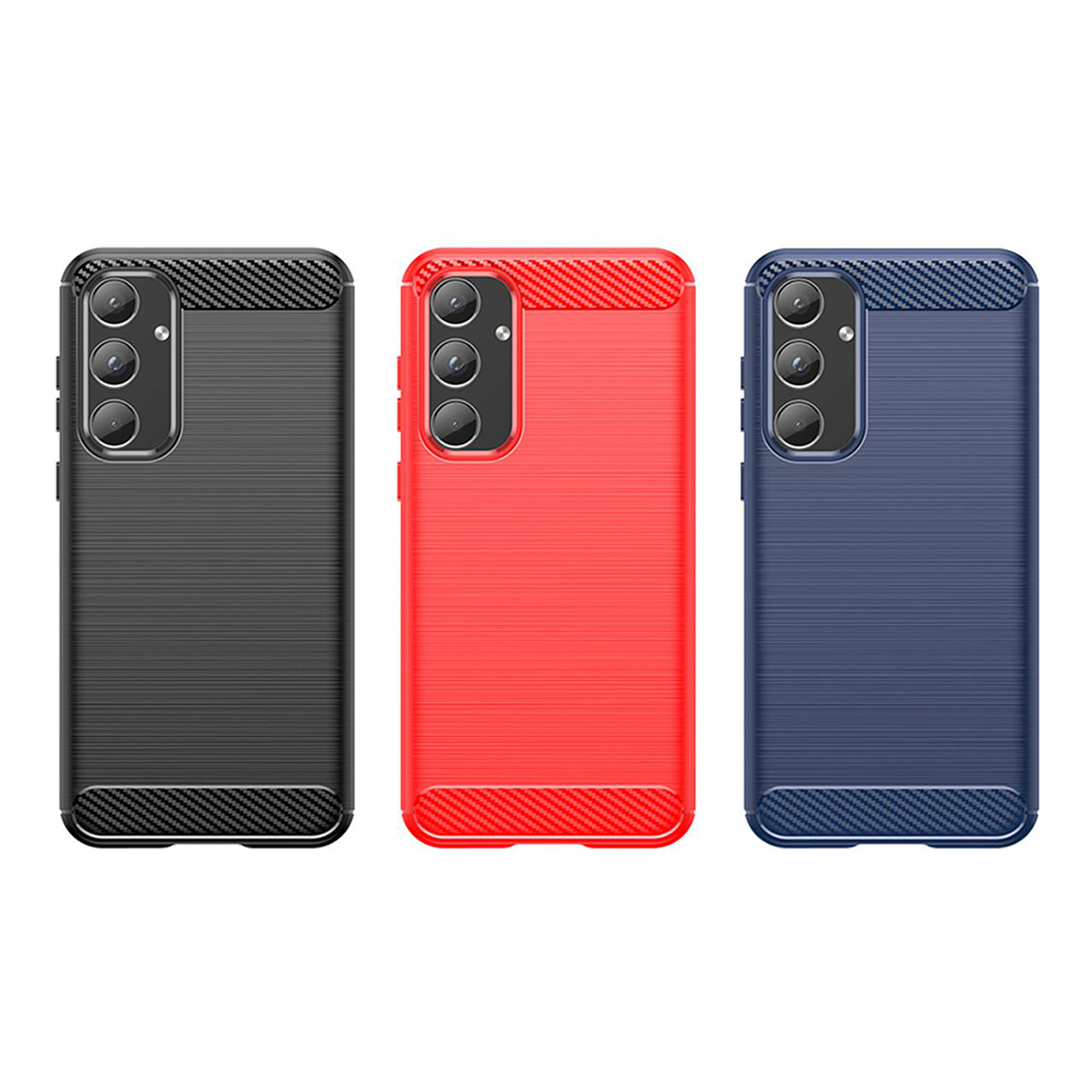 Drie telefoonhoesjes. Zwart, rood en blauw, met een textuur van koolstofvezel. Toont de camera.