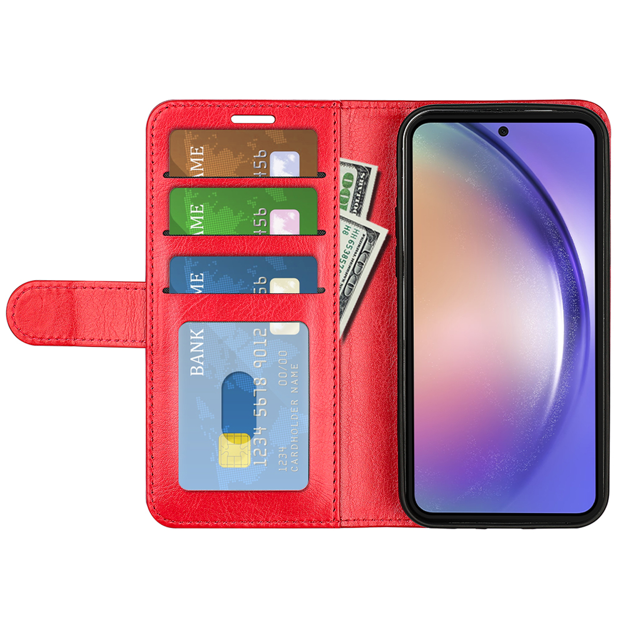 Rode telefoonhoes open, met kaarten, geld en een telefoon.