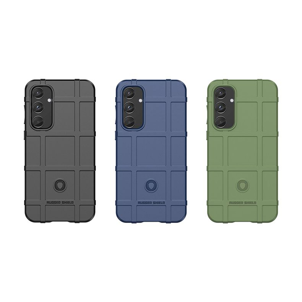 Trois étuis de téléphone en noir, bleu et vert. Chaque étui a une texture de bouclier robuste.