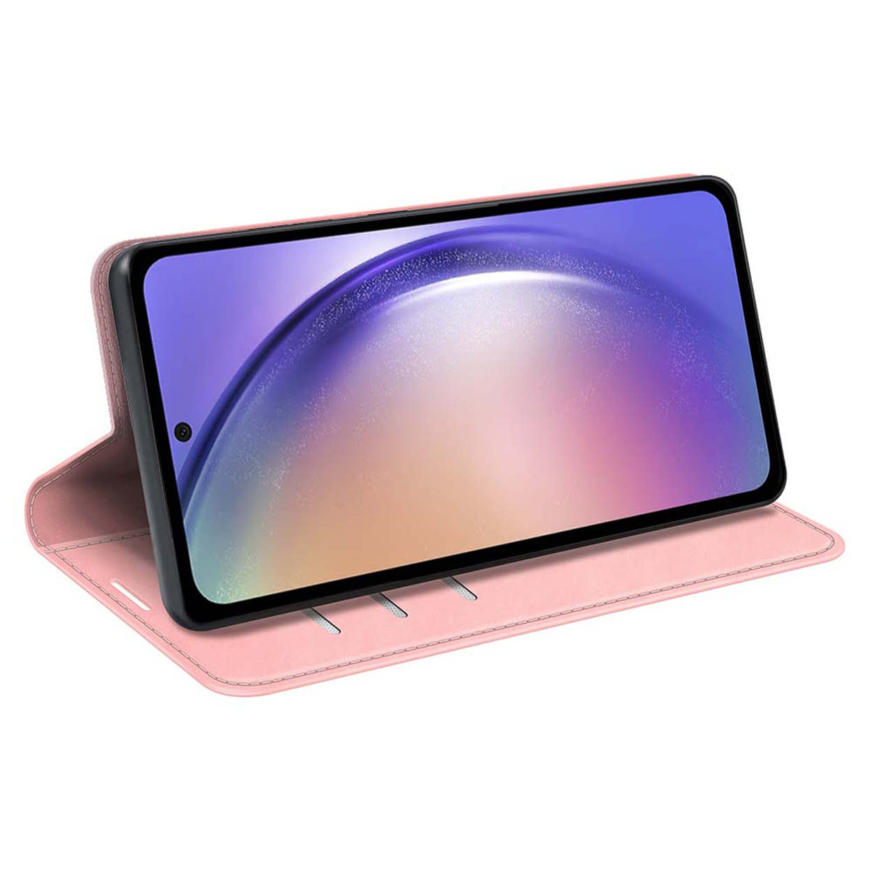 Un étui de téléphone rose, ouvert et soutenu, affichant l'écran du téléphone.
