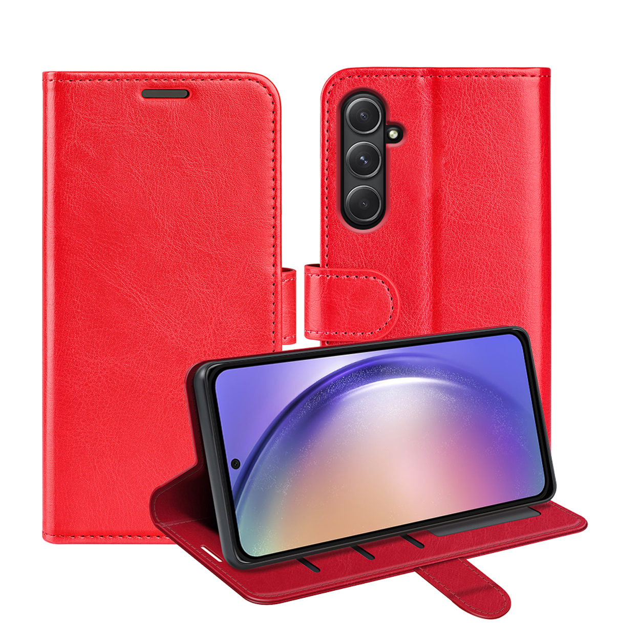 Rode leren telefoonhoes. Telefoon binnenin, open. Toont scherm. Extra hoespanelen open.