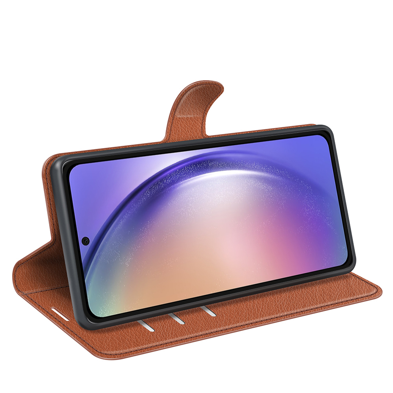 Een bruine leren telefoonhoes is open en toont een telefoonscherm.