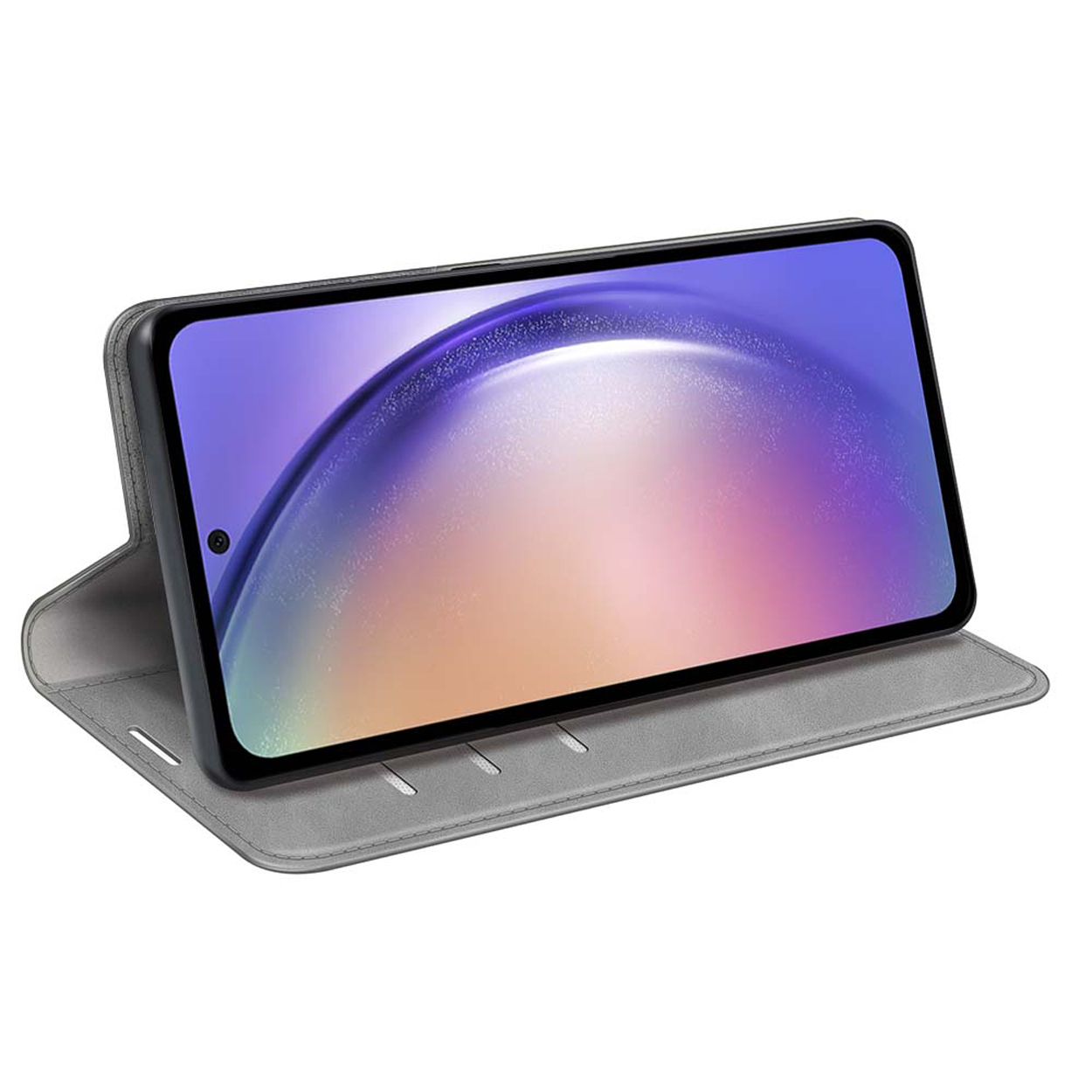 Telefoon in een grijze hoes, open, met het telefoonscherm.