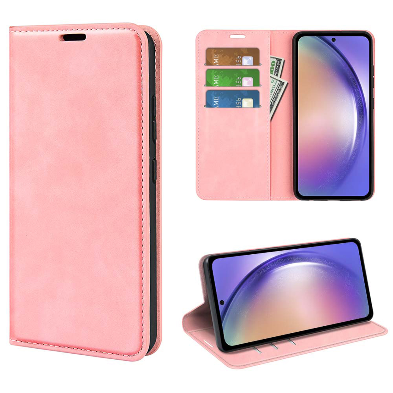 Un étui de téléphone rose, ouvert, avec un téléphone et des cartes à l'intérieur, et le téléphone relevé.