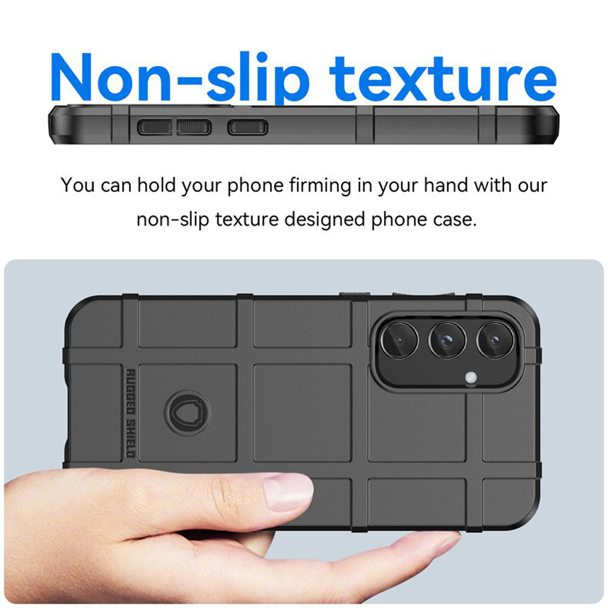 Une coque de téléphone avec une texture antidérapante, avec un gros plan sur l'arrière de la coque.