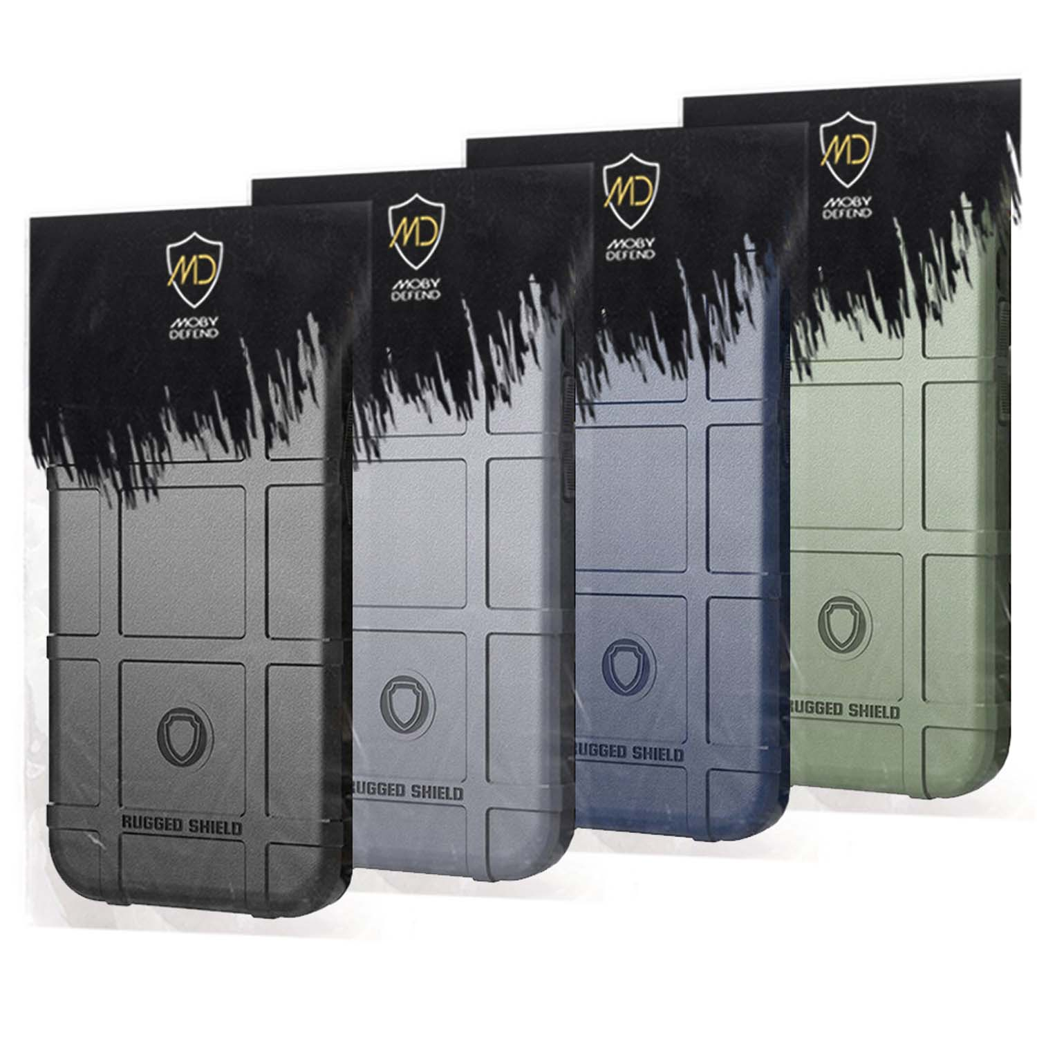Vier telefoonhoesjes in grijs, blauw en groen, elk met een zwarte flap en een logo.