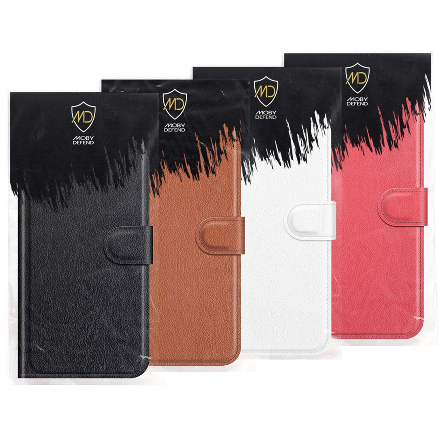 Vier telefoonhoesjes in zwart, bruin, wit en rood, elk met een flapsluiting.