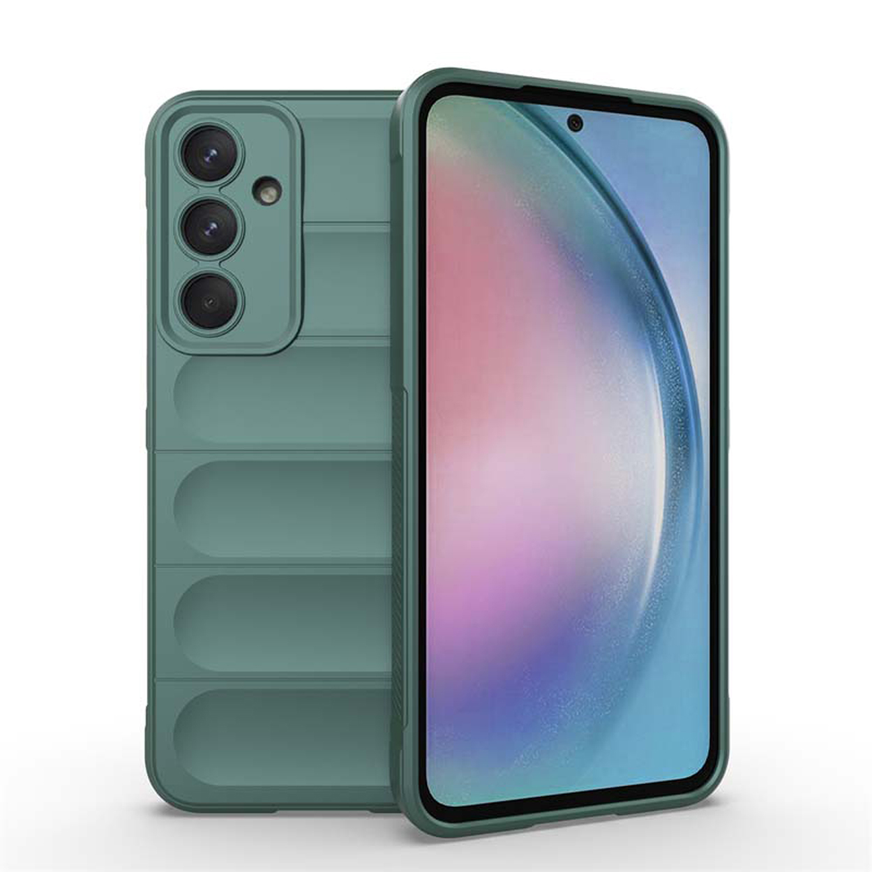 Een groene telefoonhoes, met een telefoon erin, die de achter- en zijkanten laat zien.