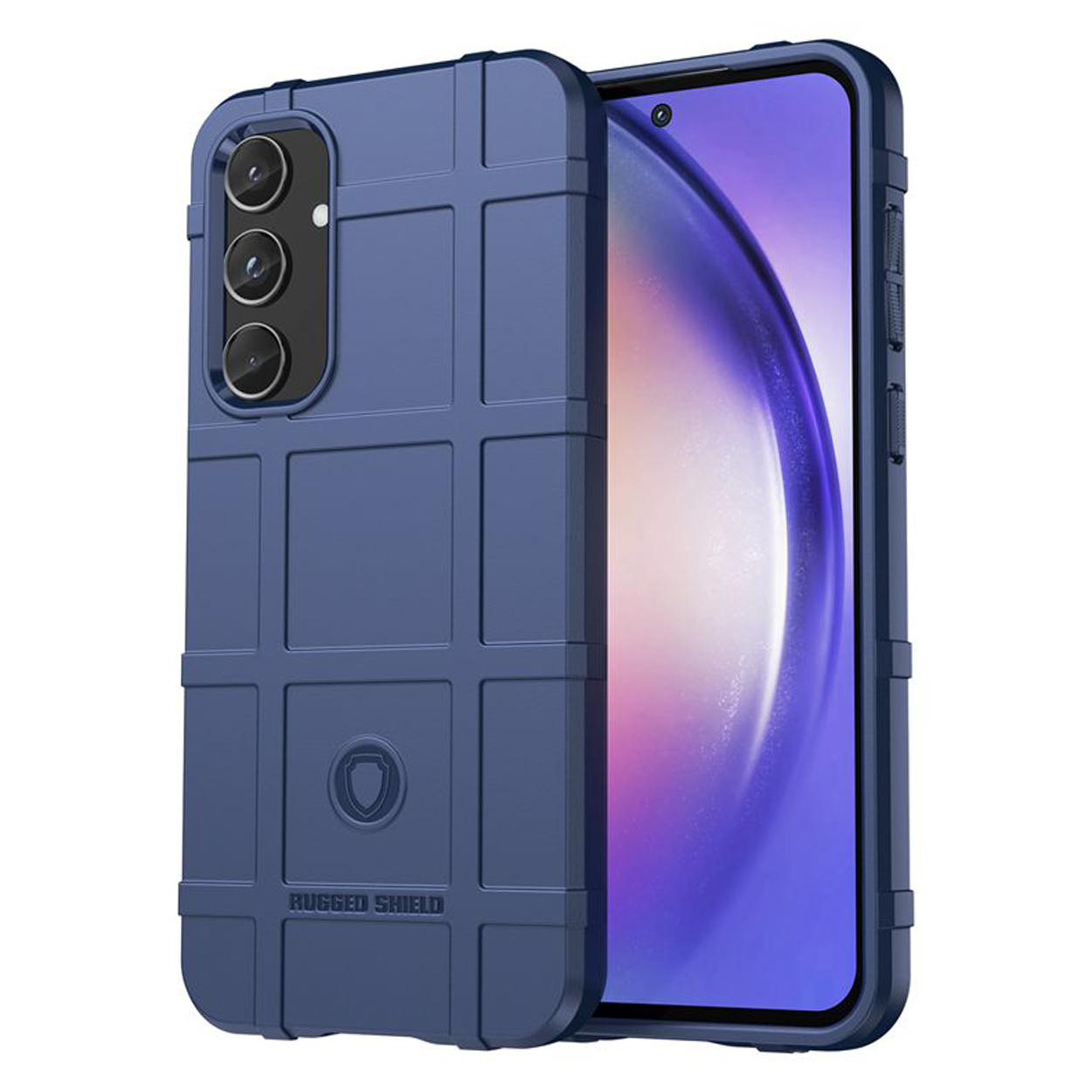 Een blauwe telefoonhoes met een rasterpatroon, met een telefoon met cameralenzen.