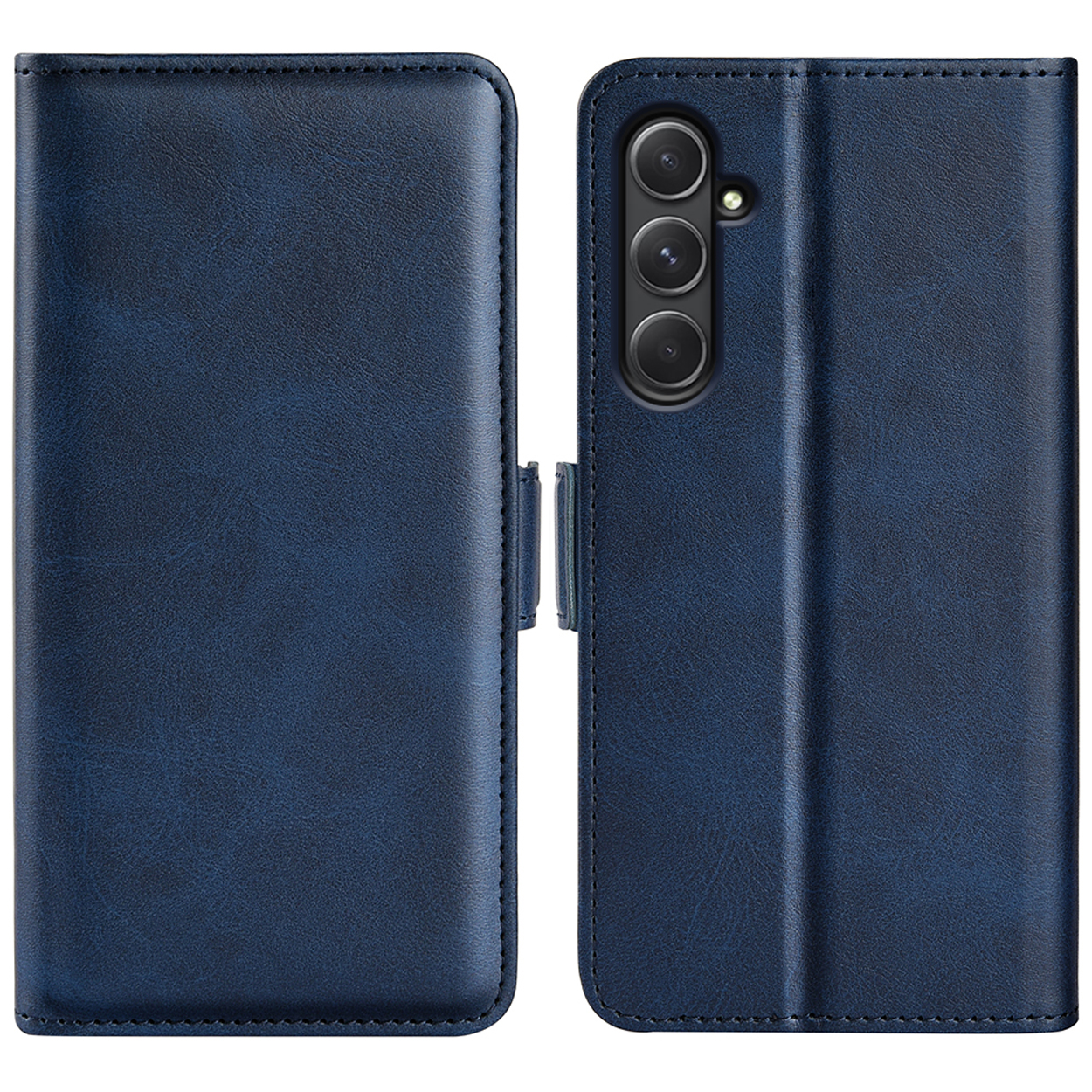 Blue phone case, closed and open. The case is textured. The phone has cameras.