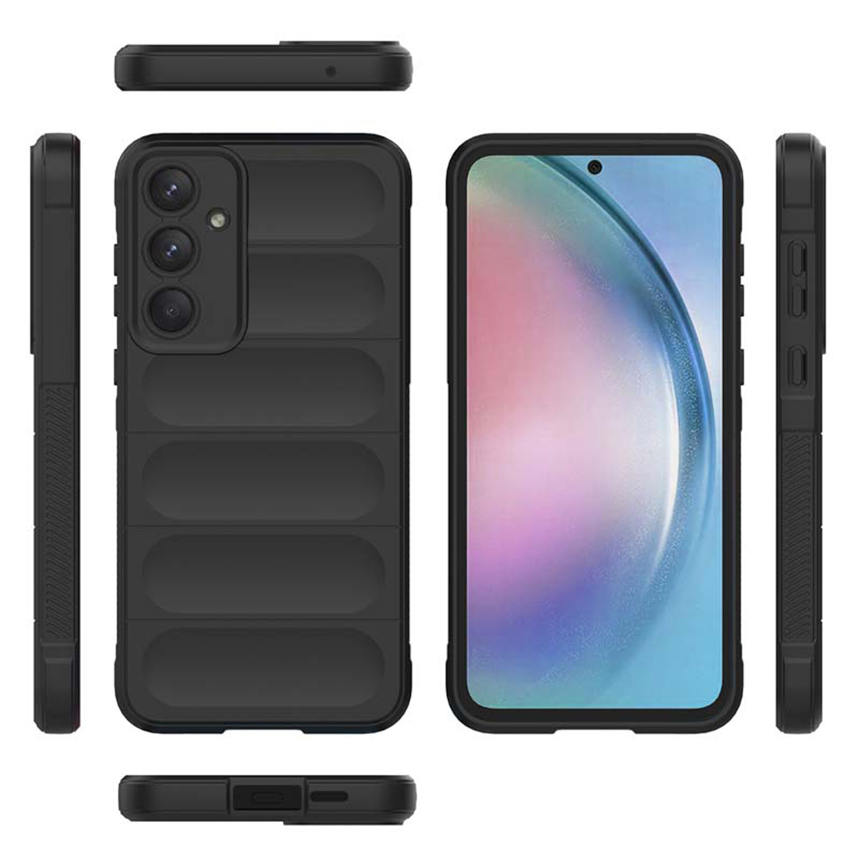 Un étui de téléphone noir avec une bosse pour l'appareil photo et des boutons latéraux, vu sous plusieurs angles.