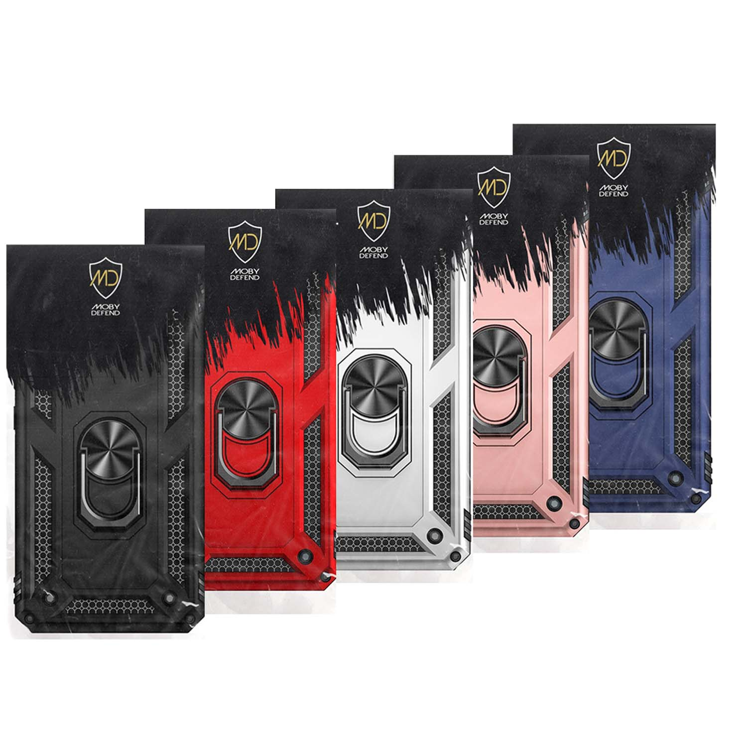 Vijf telefoonhoesjes met ringhouders in zwart, rood, wit, roze en blauw, elk met een logo.