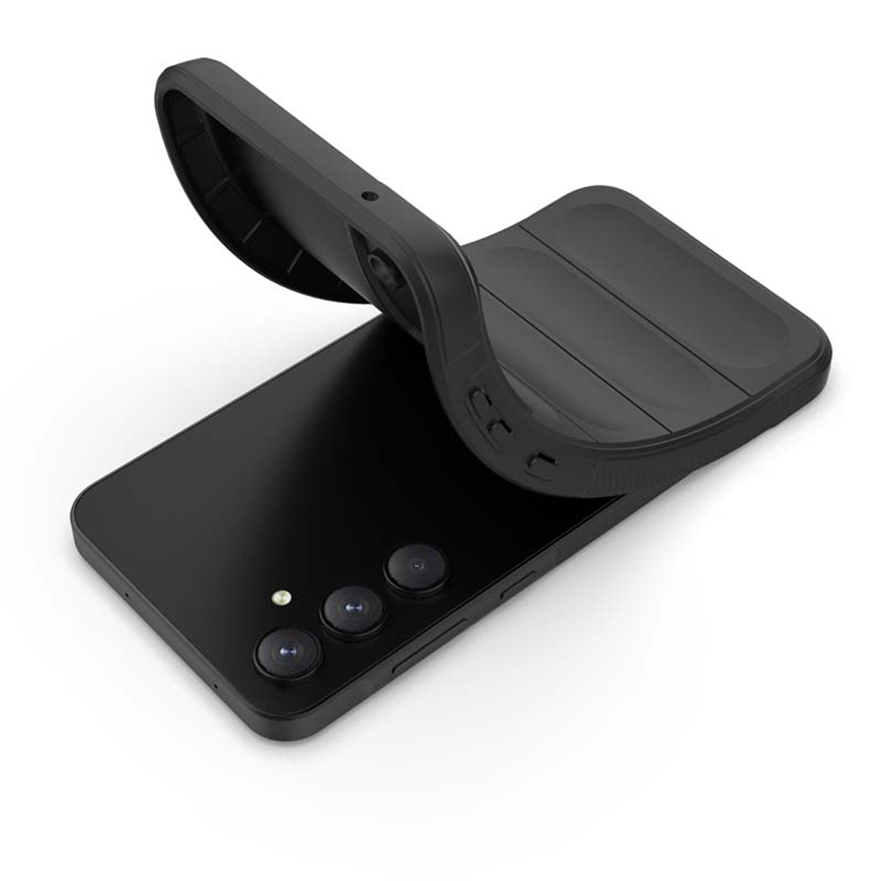 Un téléphone noir avec son dos retiré, révélant la structure interne.