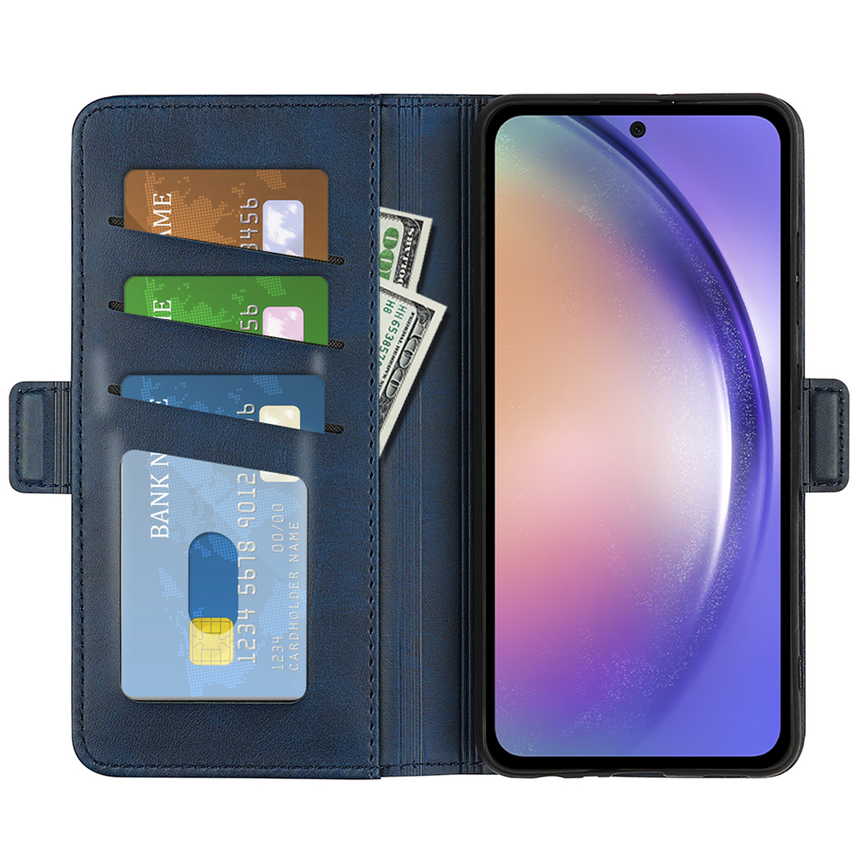 A blue leather phone case, open, with cards, money, and a phone inside.