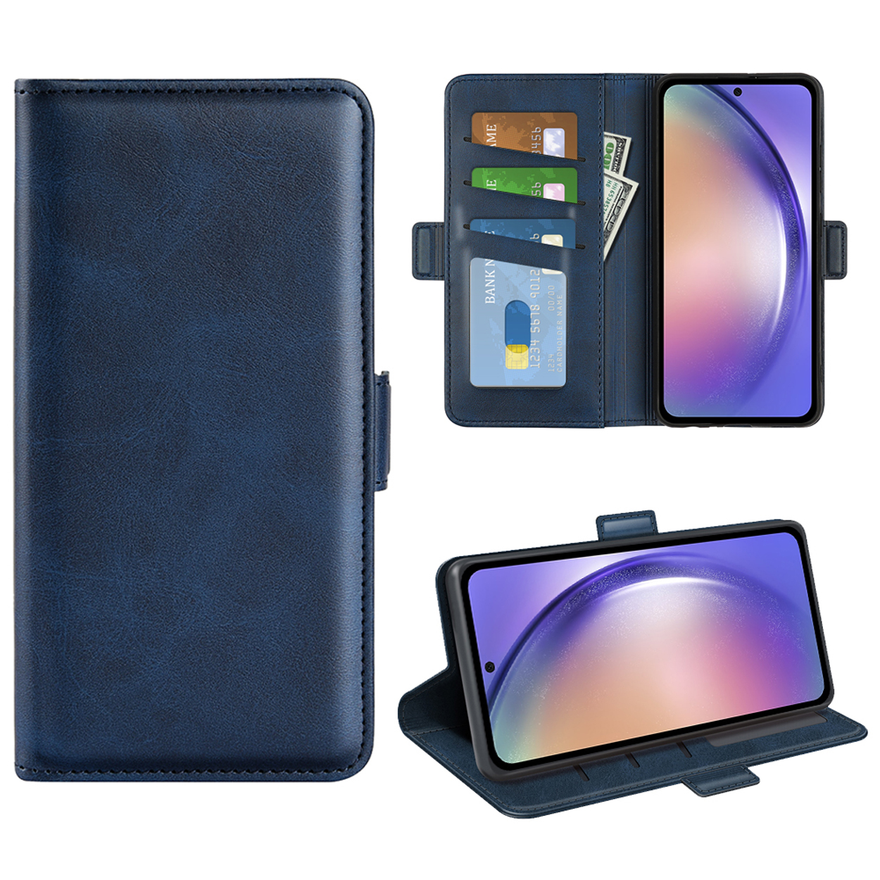 Blue phone case open, showing cards, money, and a phone.