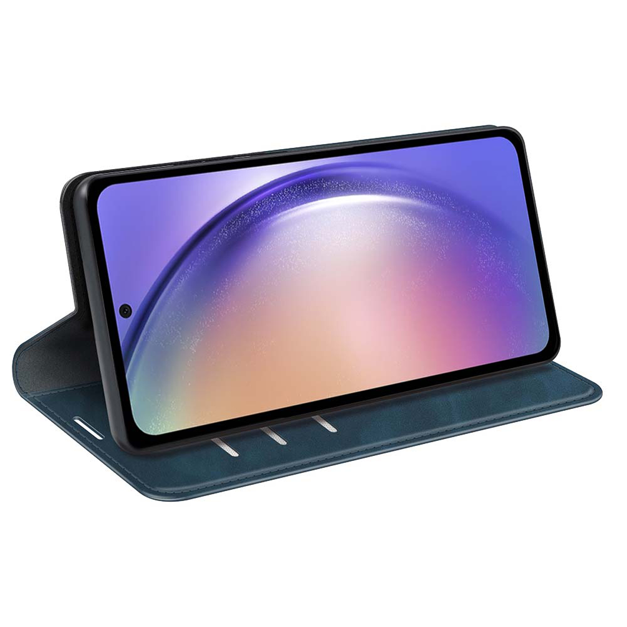 Étui de téléphone en cuir bleu, téléphone à l'intérieur, le téléphone est incliné pour montrer l'écran.