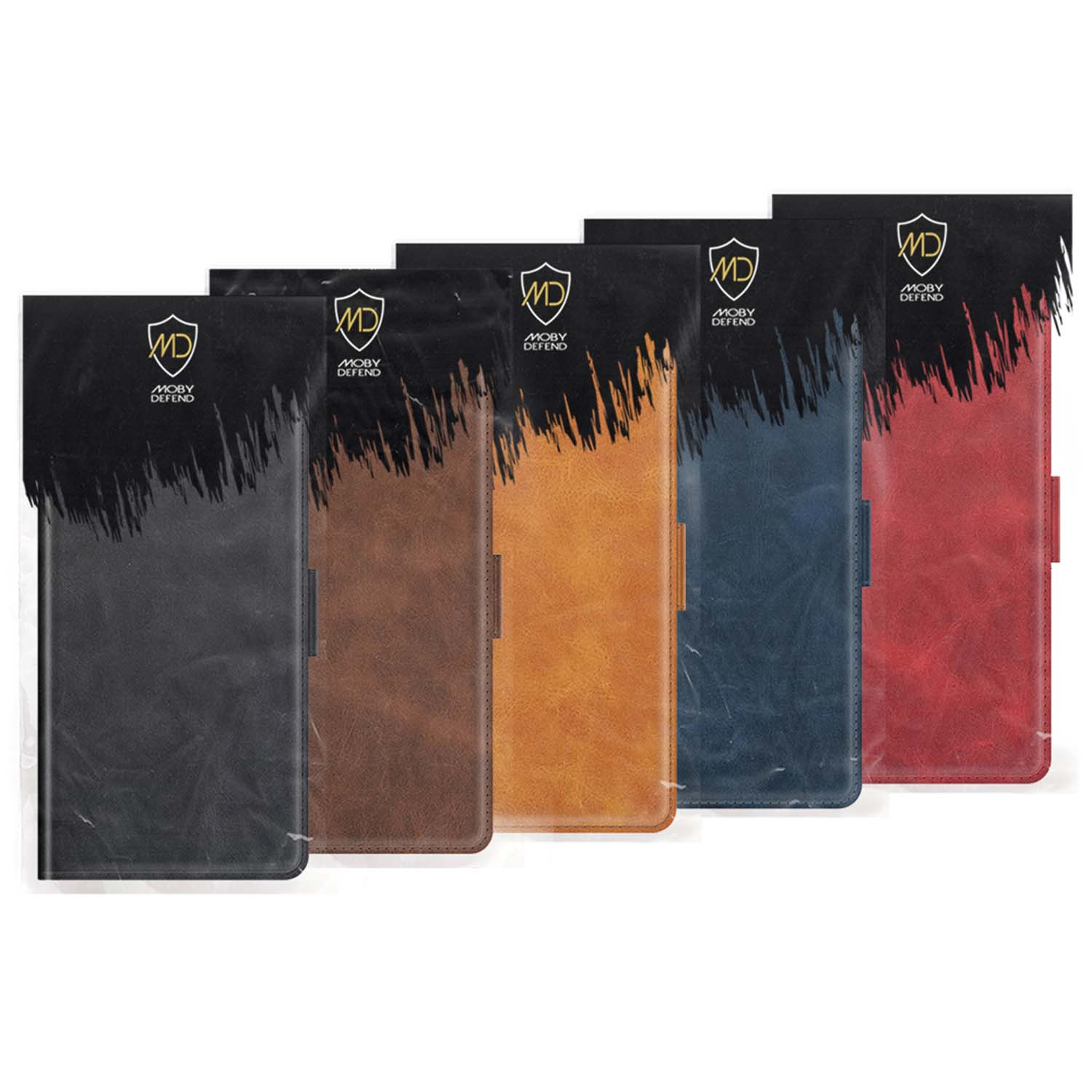 Vijf telefoonhoesjes in zwart, bruin, blauw en rood, elk met een flapsluiting.