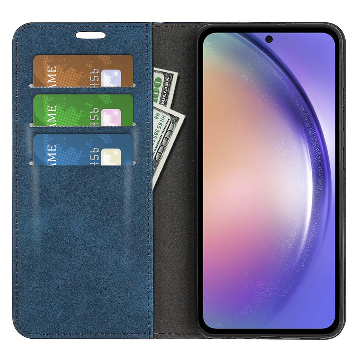Un étui de téléphone bleu avec un téléphone, des cartes et de l'argent, ouvert pour afficher l'écran.