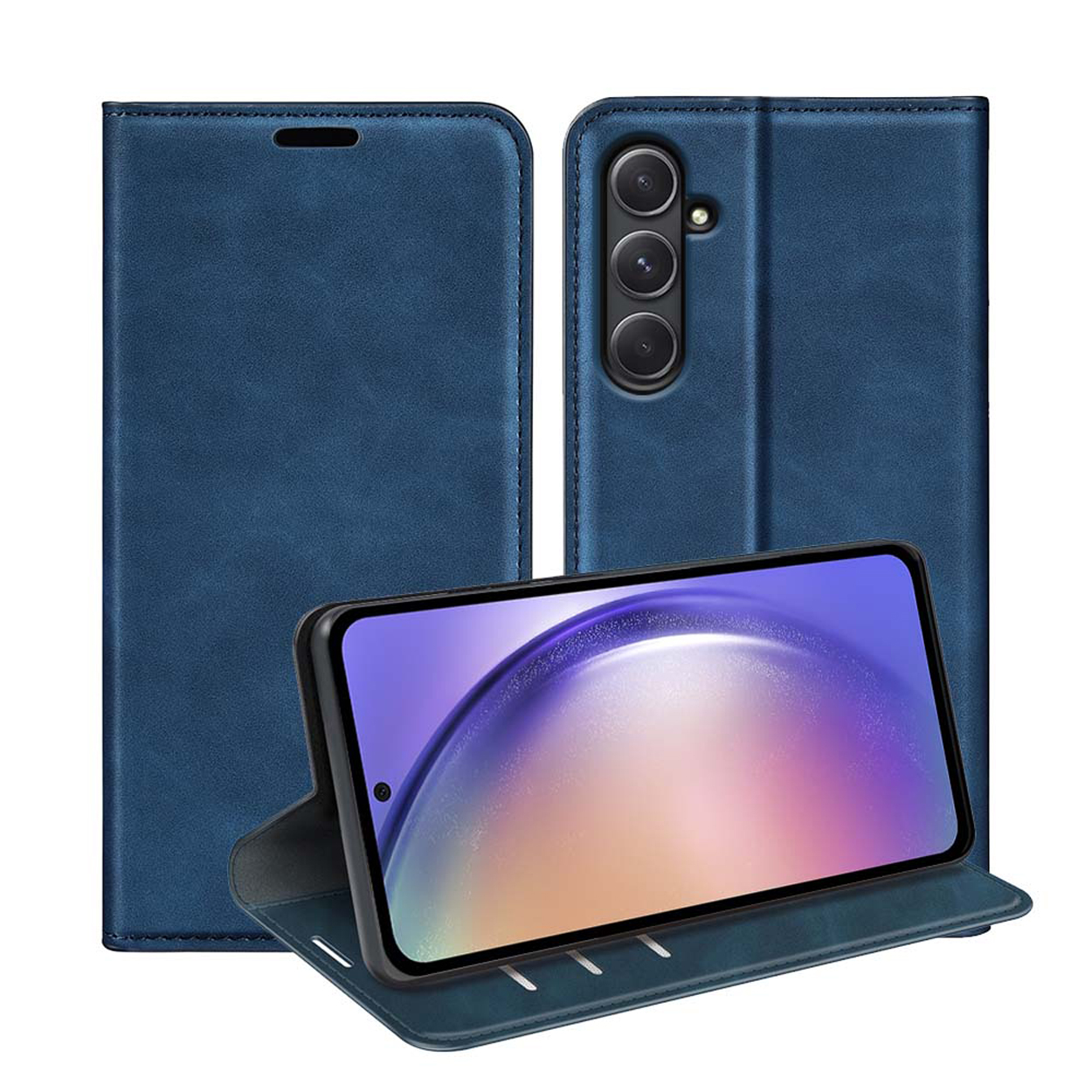 Étui de téléphone en cuir bleu avec le téléphone à l'intérieur. Le téléphone affiche une image floue.